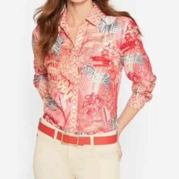 J. McLaughlin NWT Coral/grey Equine Garden animals Silk Darcy button blouse XS - Picture 2 of 10